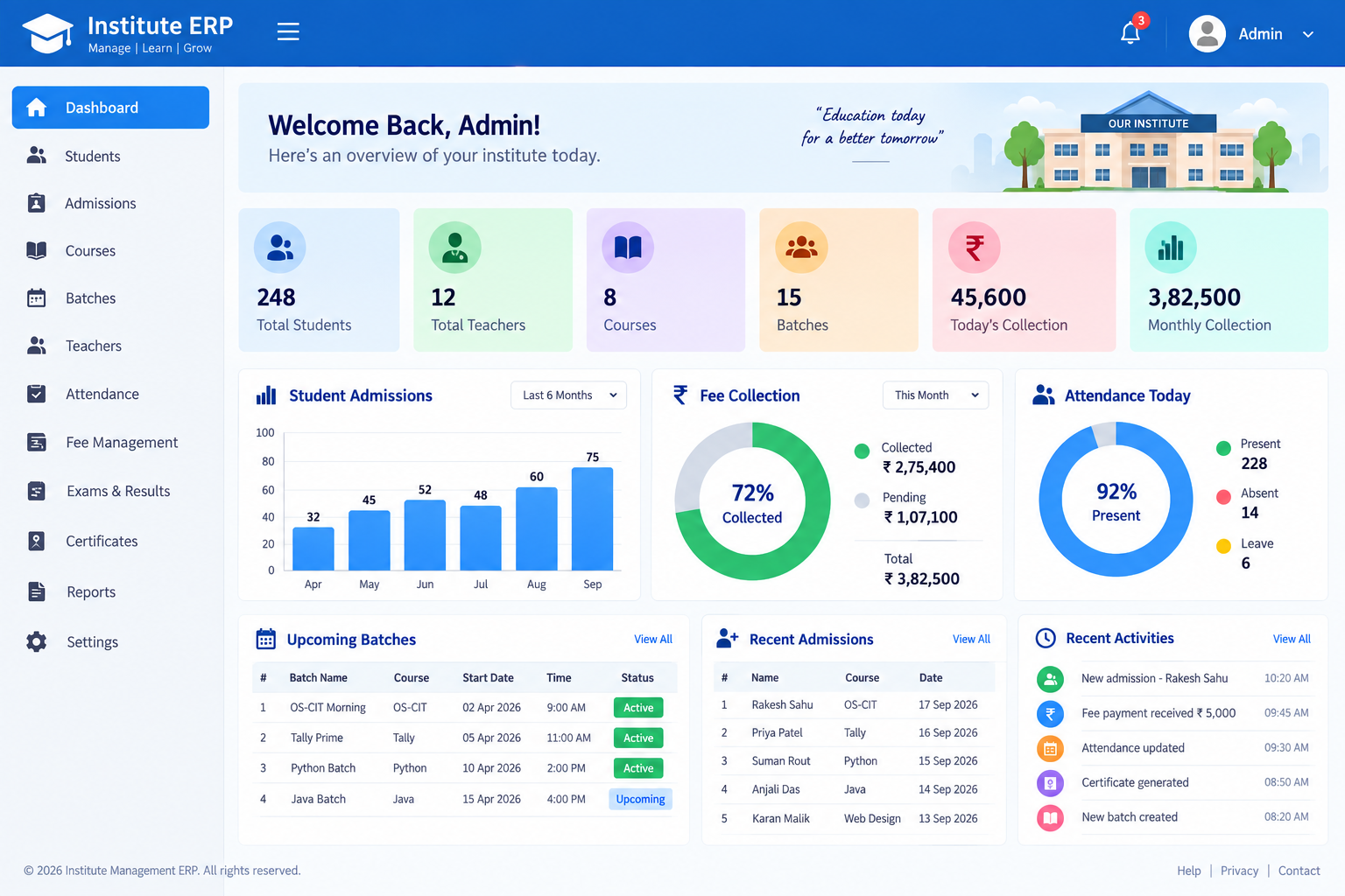 Institute Management ERP dashboard demo